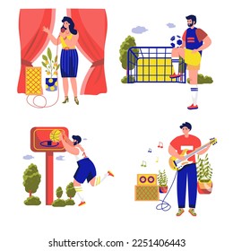 People do their favorite hobby set concept with people scene in the flat cartoon design. Boys and girls engaged their favorite leisure activities. Vector illustration.