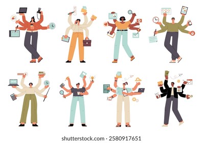 People do lot things at same time. Cartoon multitasking persons, businessmen and ladies characters with multiple hands pairs, vector set