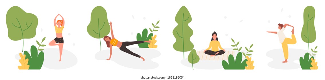People do yoga activity in summer park vector illustration set. Cartoon active man woman yogist sitting in lotus yoga pose, stretching in yoga sports exercises in nature of city park isolated on white