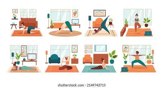 People do yoga at home. Home sports. Rooms and interiors. People in different poses. Meditation, stretching, plank. Flat vector illustrations, elements and people. Men and women