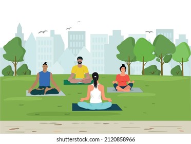 People do yoga and meditation in the park on the lawn. Outdoor sports.Vector illustration.