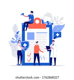 People with doctor advertising health insurance. Insurance broker offer coverage of life. Modern flat style illustration for healthcare, medical service, protection and security concept.