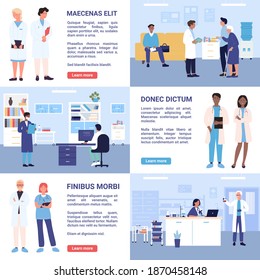 People doctor and nurse work in hospital departments vector illustration set. Cartoon man woman medical workers and medical laboratory, various medicine hospital departments with patients background