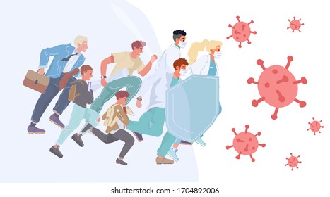 People doctor provide virus protection together. Running characters shield fight virus, bacteria, germ cell microbe spread, coronavirus respiratory disease. Medicine, health care and safety concept