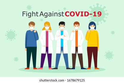 People and Doctor wearing Face Mask Fight Against Covid-19, Coronavirus Disease, Health Care and Safety, vector illustration