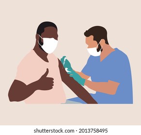 People and Doctor wearing Face Mask Fight Against Covid-19, Coronavirus Disease, Health Care and Safety. Сovid-19 mass vaccination. Doctors and nurses with syringe in hand. Kids vaccination. 