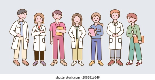 People in doctors uniforms. Little cute face character. outline simple vector illustration.