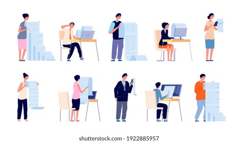 People with documents. Cartoon manager, checklist file or paper pay form. Fill work document or application, person hold sheets utter vector set