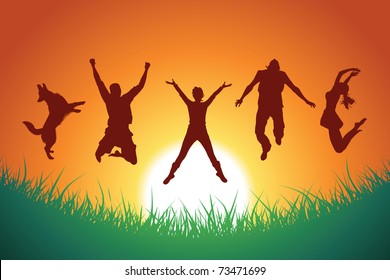 people and a dog jumping in the background of sunset and grass silhouette, vector