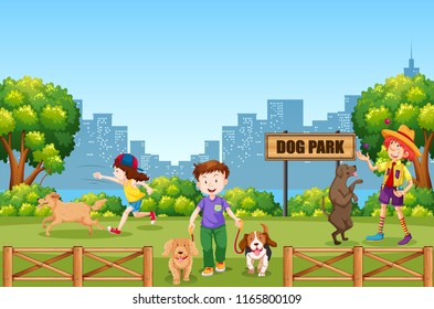 People and dog at dog park illustration
