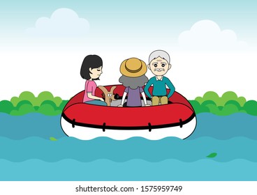 People and a dog sitting on boat out of floods, People and natural disaster, Cartoon vector illustration
