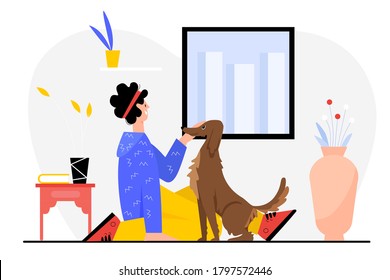 People and dog vector illustration. Cartoon flat happy man owner character sitting on floor next to own funny doggy, spending fun time with own animal friend together, pet friendship isolated on white