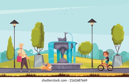 People with dog walking along green city park with beautiful statue fountain cartoon vector illustration