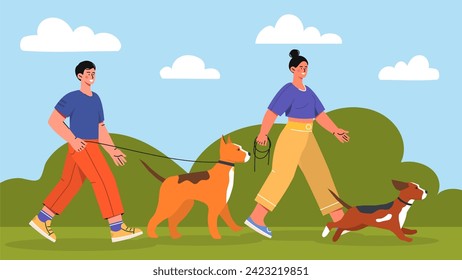 People with dog walking concept. Man and woman with puppies at leashes. Owners outdoor with domestic animals. Routine and chores. Scene in city park. Cartoon flat vector illustration