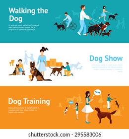 People with dogs banner set with walking and training elements isolated vector illustration