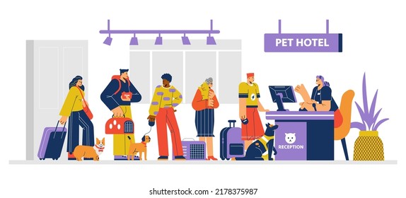 Personas con perros y gatos hacen fila en la recepción en un hotel para mascotas de estilo plano, ilustración vectorial aislada en fondo blanco. Cuidados de mascotas, propietarios amorosos, vivienda temporal