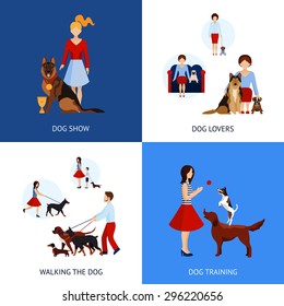 People with dogs design concept set with walking and training flat icons isolated vector illustration