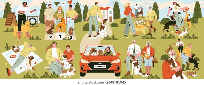 People and dogs enjoy a sunny day in the park, engaging in various activities like playing, walking, and participating in a dog show competition. This detailed vector illustration depicts joyful human