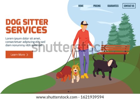 People with dogs flat background with editable text clickable buttons and links with boy walking dogs vector illustration