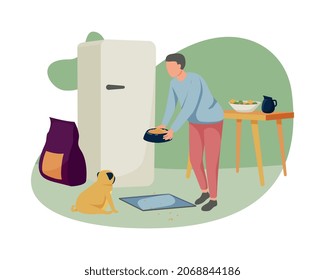 People with dogs flat composition with home scenery and man feeding his pet holding dish with food vector illustration