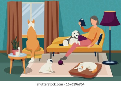 Gente con composición plana de perros con composición interior y libro de lectura femenino rodeado por su ilustración vectorial