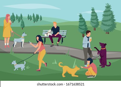 People with dogs flat composition with park outdoor landscape with trees and people walking their dogs vector illustration