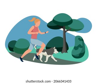 People with dogs flat composition with view of city park with running woman and her pet vector illustration
