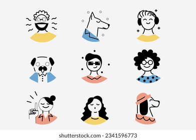 People and dogs icons in the flat cartoon style. Pictures of people with their pets in whimsical line style. Vector illustration.