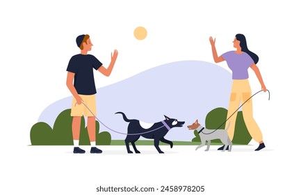 People with dogs on leash greeting each other on walk in summer park vector illustration
