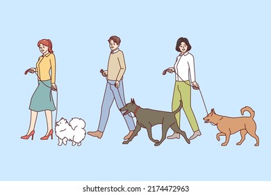 People with dogs on leashes walking on canine contest. Pet owners with domestic animals on competition. Vector illustration. 