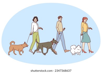 People with dogs on leashes walking on canine contest. Pet owners with domestic animals on competition. Vector illustration.