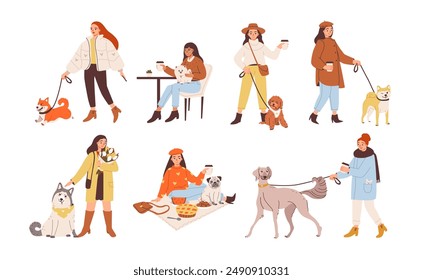 People with dogs on a walk. Walking dogs of different breeds. Pet owner set. Flat vector illustration.