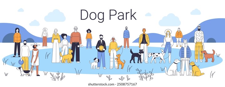 People and dogs in park diverse group outdoor activity nature background minimalistic style colorful clothing various dog breeds social interaction