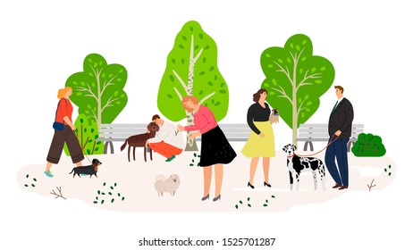 People with dogs in park flat vector illustration. Pets and owners spending time together isolated on white. Male and female cartoon characters with domestic animals. Men and women with puppies