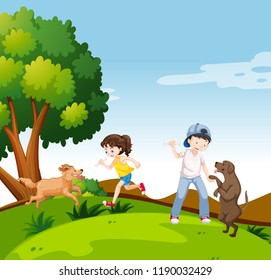 People with dogs in park illustration