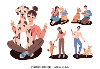 Gente con perros. Personajes con mascotas caminando, jugando, posando disfrazados y abrazándose. Un hombre y una mujer felices pasan tiempo con cachorros. Colección vectorial plana de dibujos animados aislada en fondo blanco