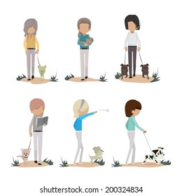 People And Dogs Set - Isolated On White Background - Vector Illustration, Graphic Design Editable For Your Design  