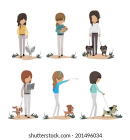 People And Dogs Set - Isolated On White Background - Vector Illustration, Graphic Design Editable For Your Design  