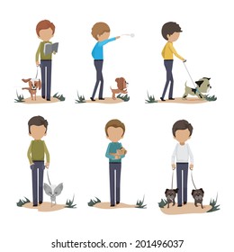 People And Dogs Set - Isolated On White Background - Vector Illustration, Graphic Design Editable For Your Design  