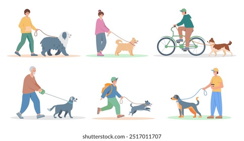 People with dogs set. Men, women and children walking and playing with dog. Dog lover, owner or volunteer characters. Vector flat illustration isolated on white background.