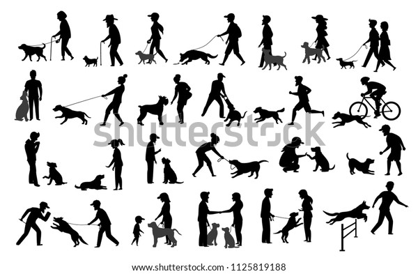 People Dogs Silhouettes Graphic Set Woman Stock Vector (Royalty Free ...