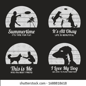 People and dogs silhouettes. Summer beach game. Black white retro set