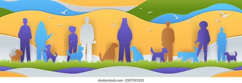 People and dogs walking in nature colorful silhouettes paper cut style vibrant landscape background with hills birds and grass website banner template