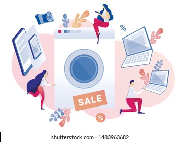 People Doing Active Shopping Online, Buying Home Appliances and Equipment Like Washing Machines, Cameras, Laptops, Phones or Pads, Using Opportunity to Purchase at Good Discount in Sale