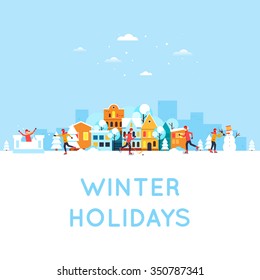 People doing an active winter vacation, winter sports, outdoors. Winter cityscape. New year. Flat design vector illustration.