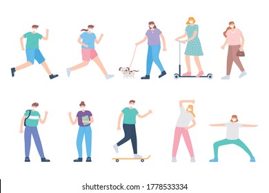 people doing activities while wearing protective medical masks, coronavirus covid 19 vector illustration