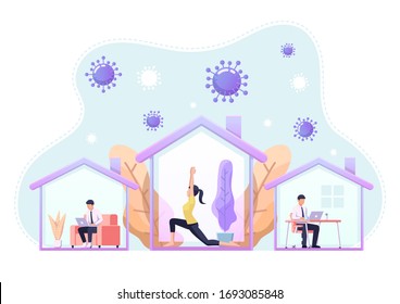 People doing activity or working at home to prevent COVID-19 coronavirus infection. Work from home and social distance during corona virus quarantine concept.