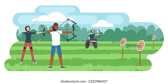 gente haciendo tiro con arco. caricatura de personajes llanos macho disparando blancos con arcos, los atletas de tiro compiten, en el fondo del área de entrenamiento. ilustración vectorial