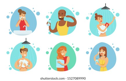 People Doing Bathroom Procedures Set, Morning Daily Routine Vector Illustration