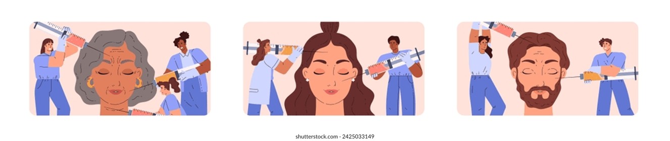 People doing beauty face injections concept set. Cosmetologist with syringe make anti aging and rejuvenation procedure. Reducing wrinkles and folders skincare. Flat vector illustration banners.